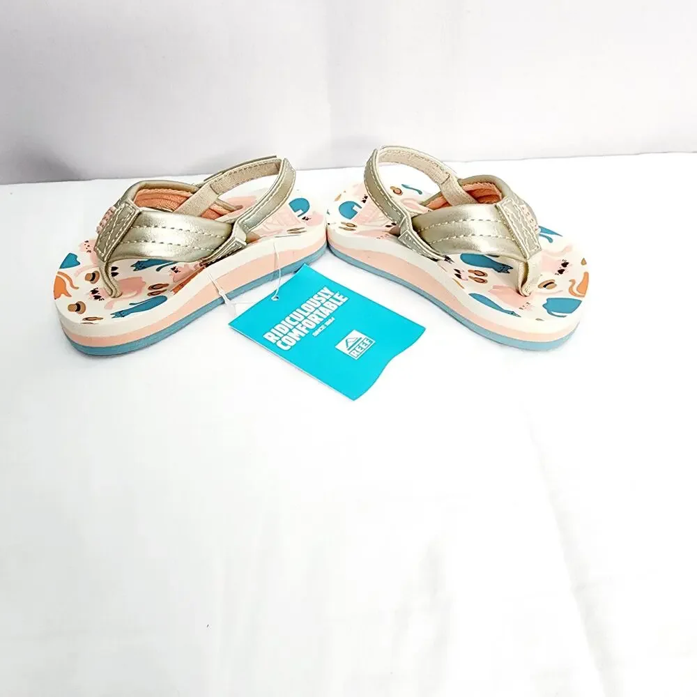 Reef Little Ahi Toddler Sandals Size 4 Gold Cat Print Slip On Summer Beach